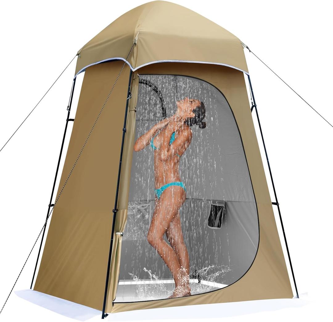 Camping Shower Tent, 7.9 FT Extra Tall Oversize Privacy Tent, Portable Outdoor Bathroom Toilet Tent with Floor, Easy Set Up Privacy Shelter for Dressing, Hiking, Fishing, UPF50+ (khaki)