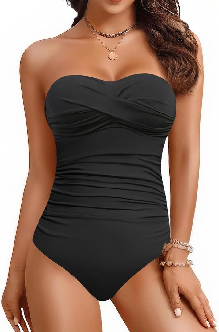Yonique Womens Strapless One Piece Swimsuit Tummy Control Bandeau Bathing Suits Slimming Twist Front Swimwear (18 Plus, Black)