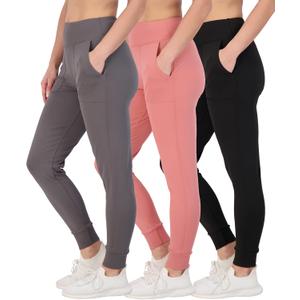 Real Essentials 3 Pack: Women's Joggers with Pockets - High Waist Workout Yoga Tapered Athletic Leggings (Plus) (Large)