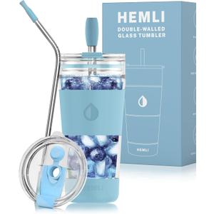 19 oz. Double Wall Glass Coffee Tumbler, To Go Travel Mug with Lid, Portable Glass Thermos with Straw, Reusable Cup, Tea, Smoothies, Ice Coffee, and Boba (Light Blue)