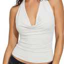SUUKSESS Women Deep V Built in Bra Cowl Halter Tops Going Out Open Back Tank Tops (X-Small, White)