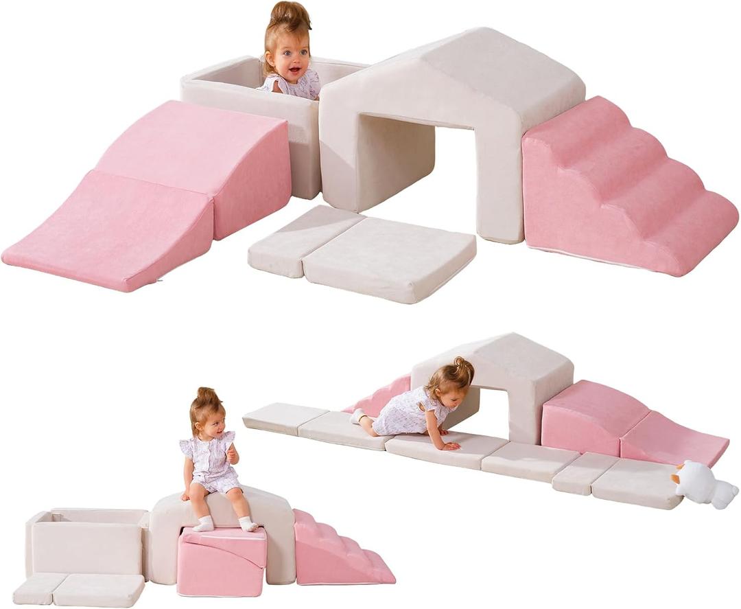 Climbing Toys for Toddlers, Foam Climbing Blocks with Ball Pit, Soft Play Climb and Crawl Activity Playset, Crawling & Sliding Play Set for Toddlers, High-Density Foam Blocks Indoor (Beige & Pink)