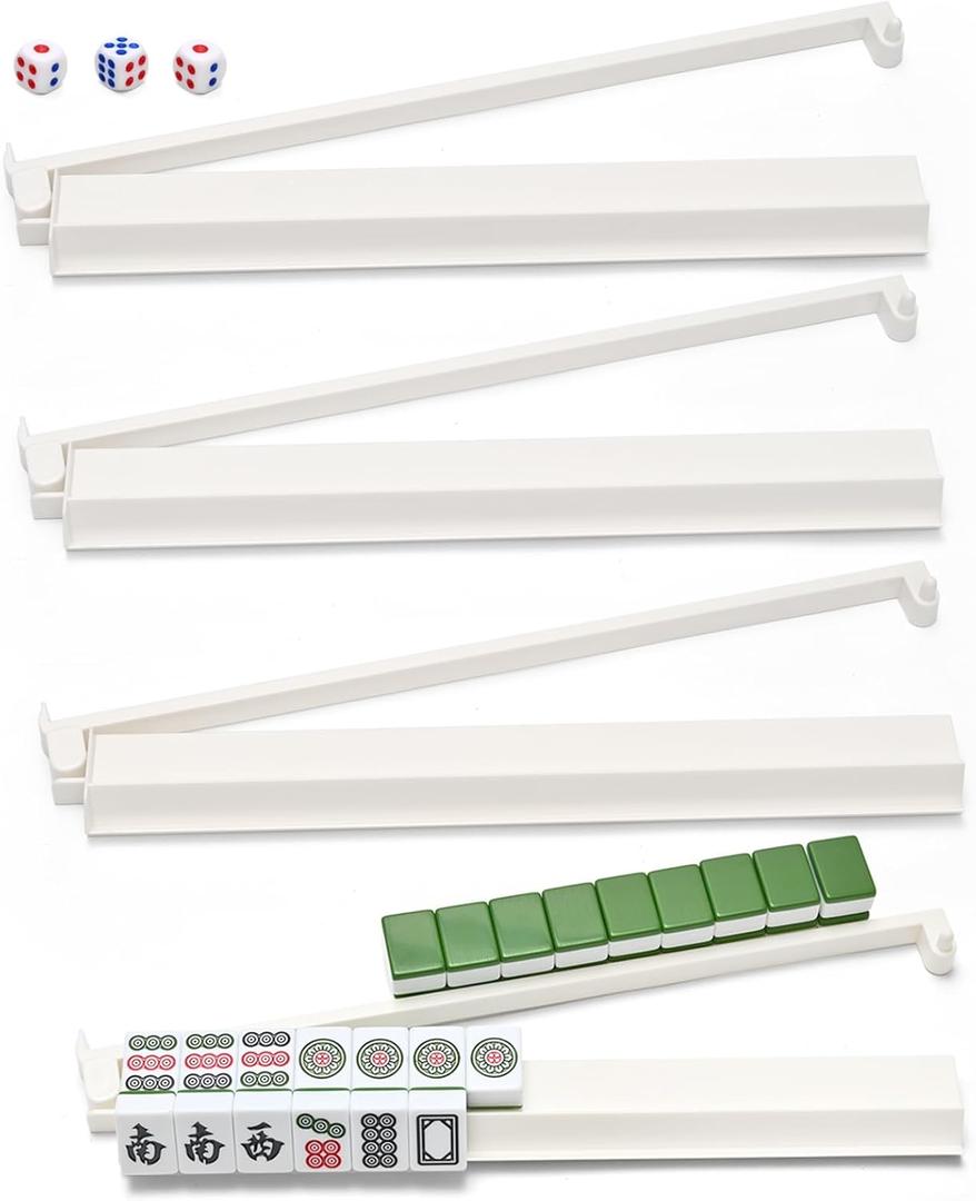 Mahjong Racks with Pushers, All-in-One Mahjong Tile Pushers and Racks with 3 Dices, Modern American Tile Set of 4 (White)