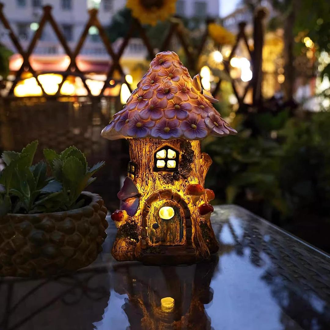 Fairy Garden House Outdoor Figurine Lights, Fairy Houses for Outside, Garden Statues Mushroom House, for Patio, Yard, Balcony Decoration, Outdoor Decorations Yard and Birthday Gifts for Mom Women