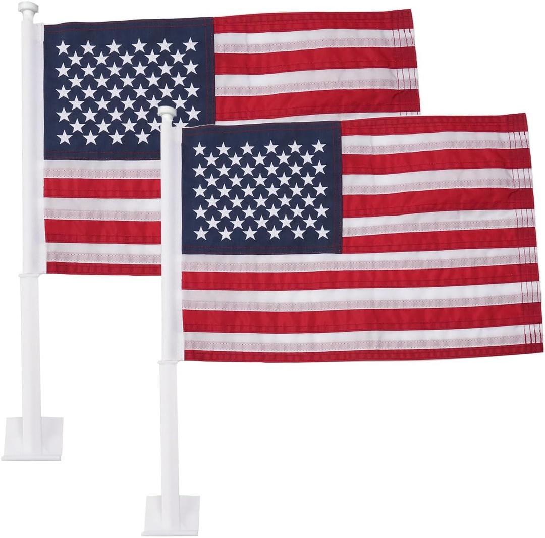 Homissor Car Flag 2 Pack American Flag for Car 12x18 Inch US Flags Embroidered Stars Flagpole with Window Clip Heavy Duty Nylon
