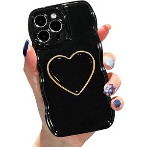 for iPhone 16 Pro Max Cute Case, Simple Wave Frame Curly Shape Shockproof Protective Cover with Stand, Black Luxury Bumper Love Heart Holder Kickstand Soft Silicone Phone Case for Women Girls