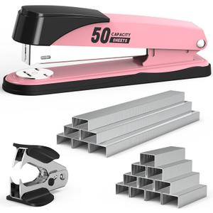Metal Stapler Heavy Duty 50 Sheet Capacity with 1750 Staples and Staple Remover, Full Strip Staplers for Desk, No Jam, Non-Slip for Office & Classroom, Pink