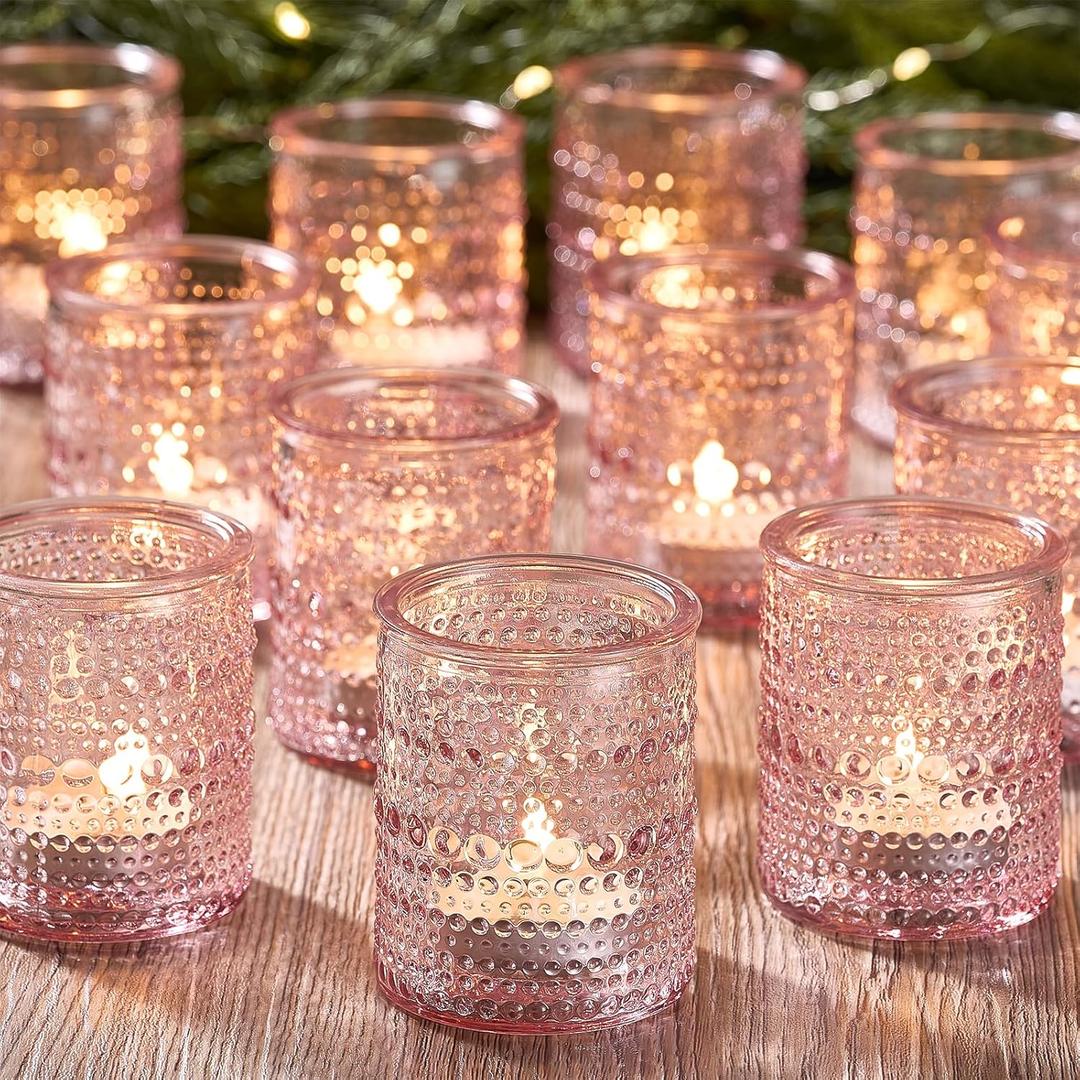 24 Pack Clear Glass Votive Candle Holders, Vintage Candle Holder for Floating Candle, Tealight Candle Holder for Table Centerpieces Home Bridal Shower Birthday Christmas Table Decoration (Pink)