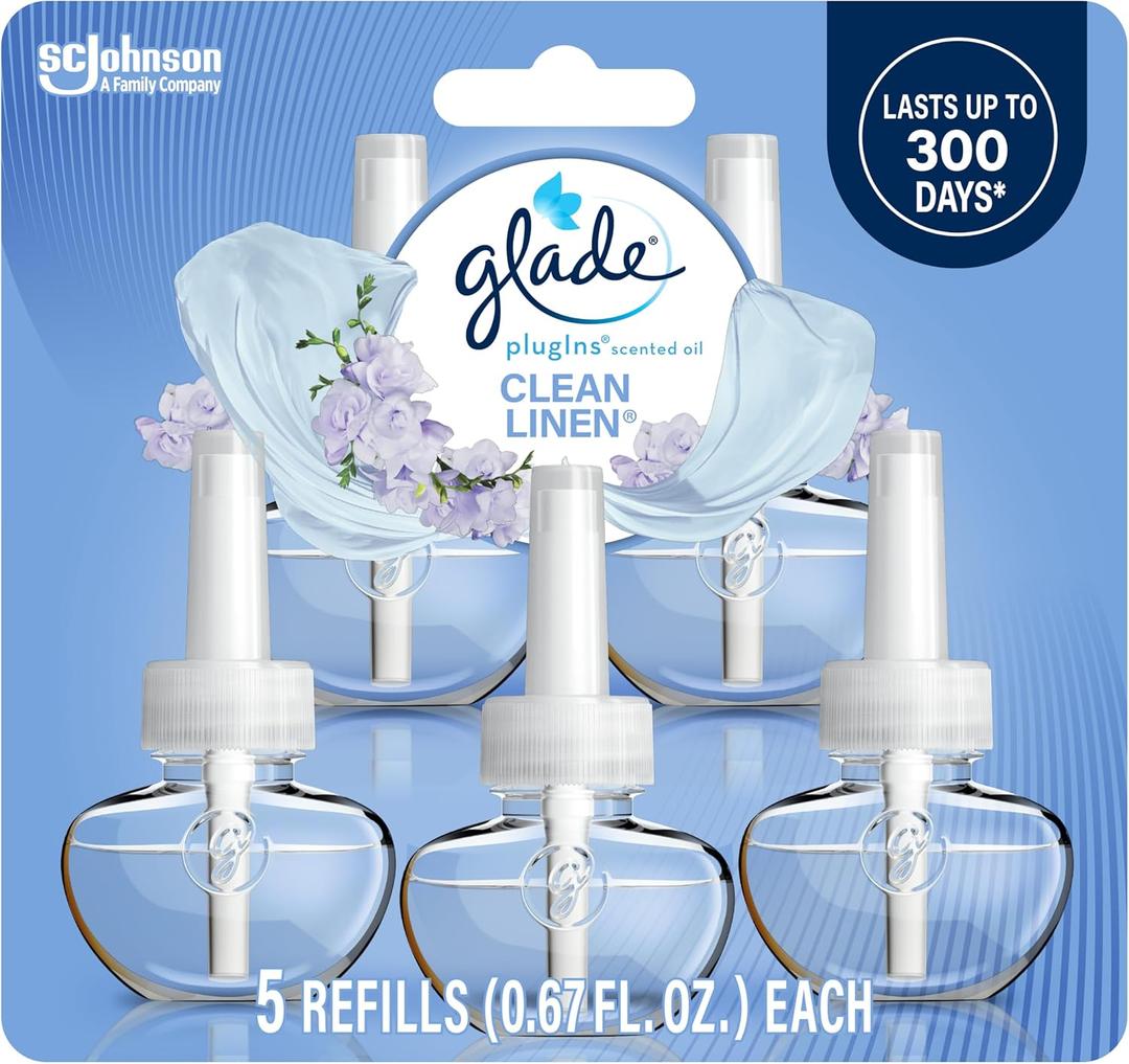 Glade PlugIns Refills Air Freshener, Scented and Essential Oils for Home and Bathroom, Clean Linen, 3.35 Fl Oz, 5 Count