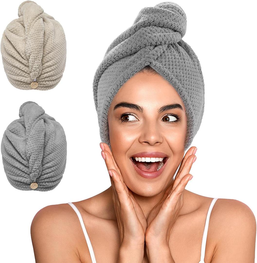 YFONG 2 Pack Microfiber Hair Towel Wrap for Women, Super Absorbent Quick Dry Hair Turban for All Hair Style Anti Frizz, Large Hair Drying Towel with Button (Gray+camel)