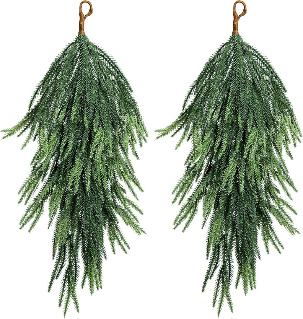 2 Pcs Artificial Christmas Teardrop Swag, 28" Faux Pine Needles Teardrop Door Swag, Christmas Norfolk Greenery Teardrop Wreath for Xmas Holiday Door Table Mantle Fireplace Indoor Outdoor Decor