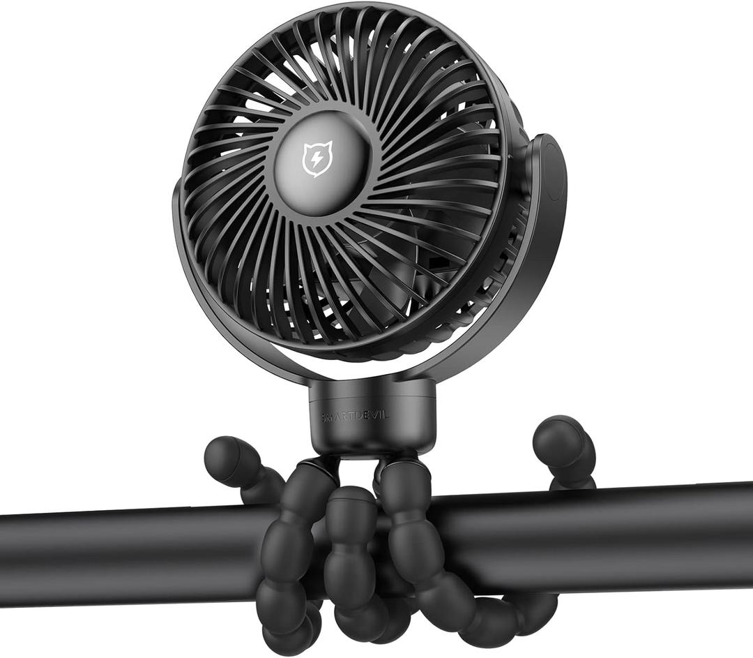 SMARTDEVIL Stroller Fan, 4000mAh Battery Operated Baby Fan, 4 Speeds Car Seat with Flexible Tripod, Dual 360 Rotatable for Peloton Bike, Crib, Treadmill, Travel