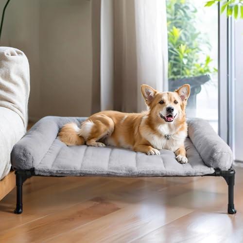 Cooling Elevated Dog Bed with Fluffy Plush Bolster Cushion, Indoor Raised Dog Beds for Large Dogs, Soft Pet Sofa Cot with Removable Washable Mat, No-Slip Feet, Grey