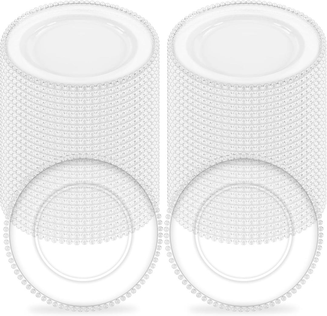 50Pcs Clear Charger Plates Bulk Wedding - 13" Premium Clear Plastic Chargers with Beaded Rim Transparent Decorative Dinner Charger Plates for Events & Parties