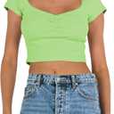 Women Sexy Crop Tops Short Sleeve Lace Trim Low Cut V-Neck Tops Slim Fit Ruched 90s Y2K T-Shirts E-Girls Tee Top (Apricot, Size Small)