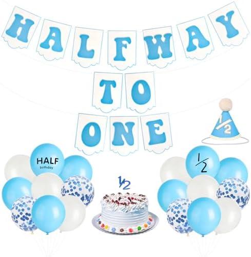 Pink Half Way To One Banner with Balloons - 6 Months Birthday Decorations for Baby Girl, Includes Cake Topper & 1/2 Birthday Hat, Photo Backdrop Wall Hanging, Half Year Party 
blue