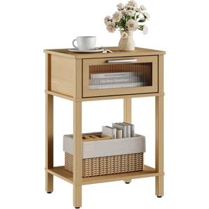 Nightstand Wooden Bedside Table with Drawer Natural Wood Night Stands Modern Style Small End Table Side Table with Storage Shelf for Bedroom Living Room MLBZ10YEV