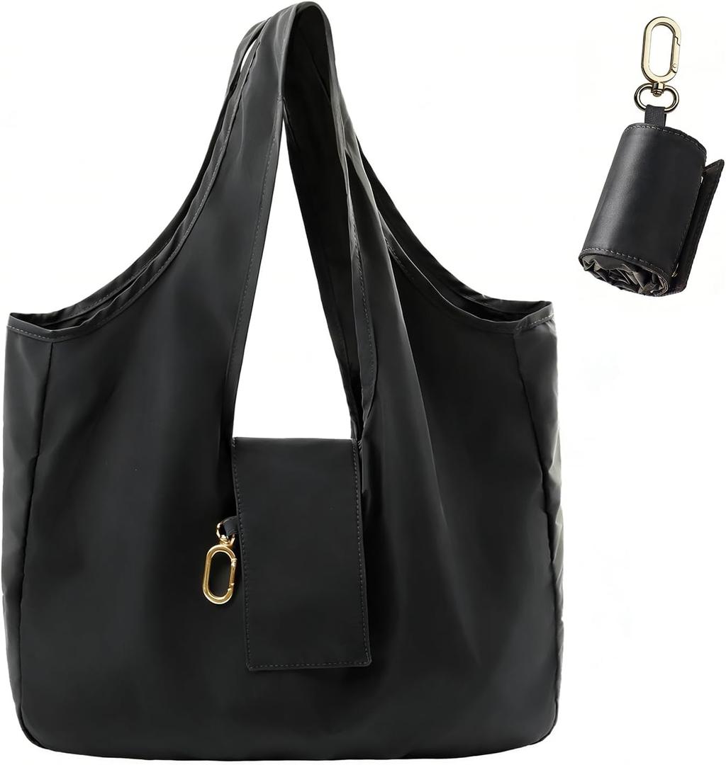 Foldable Keychain Tote Bag for Women,Reusable Mini Travel Grocery Bags with Key Ring,Waterproof Packable Handbag for Daily (Black)