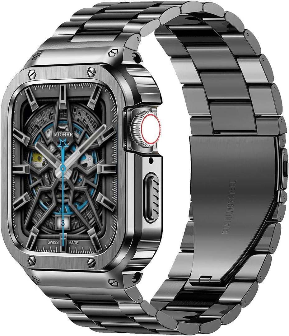 MioHHR Stainless Steel Band and Case Compatible with Apple Watch Band 45mm, Men Metal Protective Bumper Cover for iWatch Series 9/8/7, Space Gray