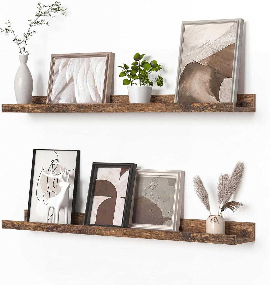Heimlove Picture Ledge Shelf, Floating Shelves Set of 2, 31.5Inches Picture Shelf for Wall with Ledge, Kids Bookshelf Wall Mounted for Living Room Bedroom Decor Books Photo Frames - Rustic Brown