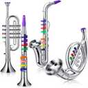 Treela Set of 4 Musical Instruments for Kids, Toy Clarinet Saxophone Trumpet and Horn Set for Beginners with over 10 Color Coded Keys, Christmas Educational Musical Gifts for Children Toddlers (Silver)