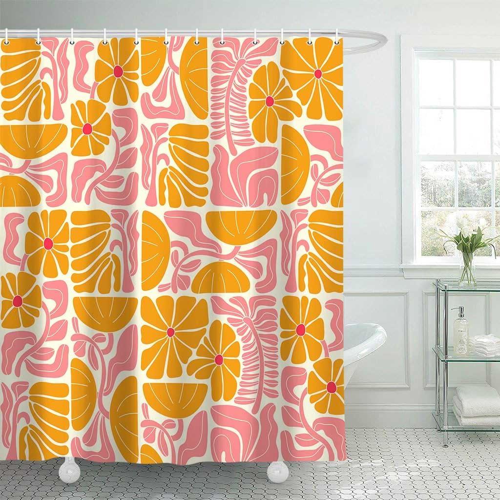Boho Abstract Colorful Floral Shower Curtain, Vintage Retro Patchwork Orange Pink Flower Botanical Geometric Aesthetic Groovy Bathroom Decor Shower Curtain Set with 12 Hooks, 70X70IN