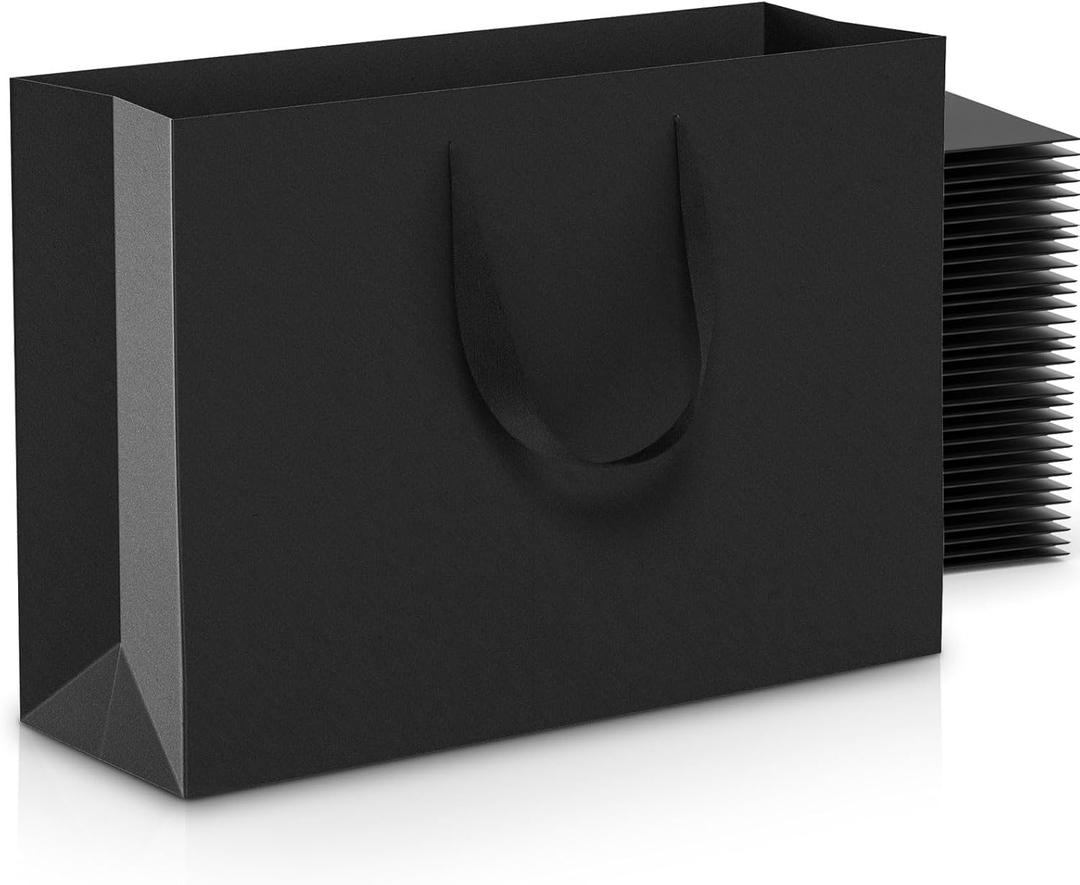 Acina Medium Large Black Gift Bags: 12.6x4x8.7 Inch 16pcs Black Paper Bags with Handles Bulk For Party Shopping Birthday Wedding (M-16)
