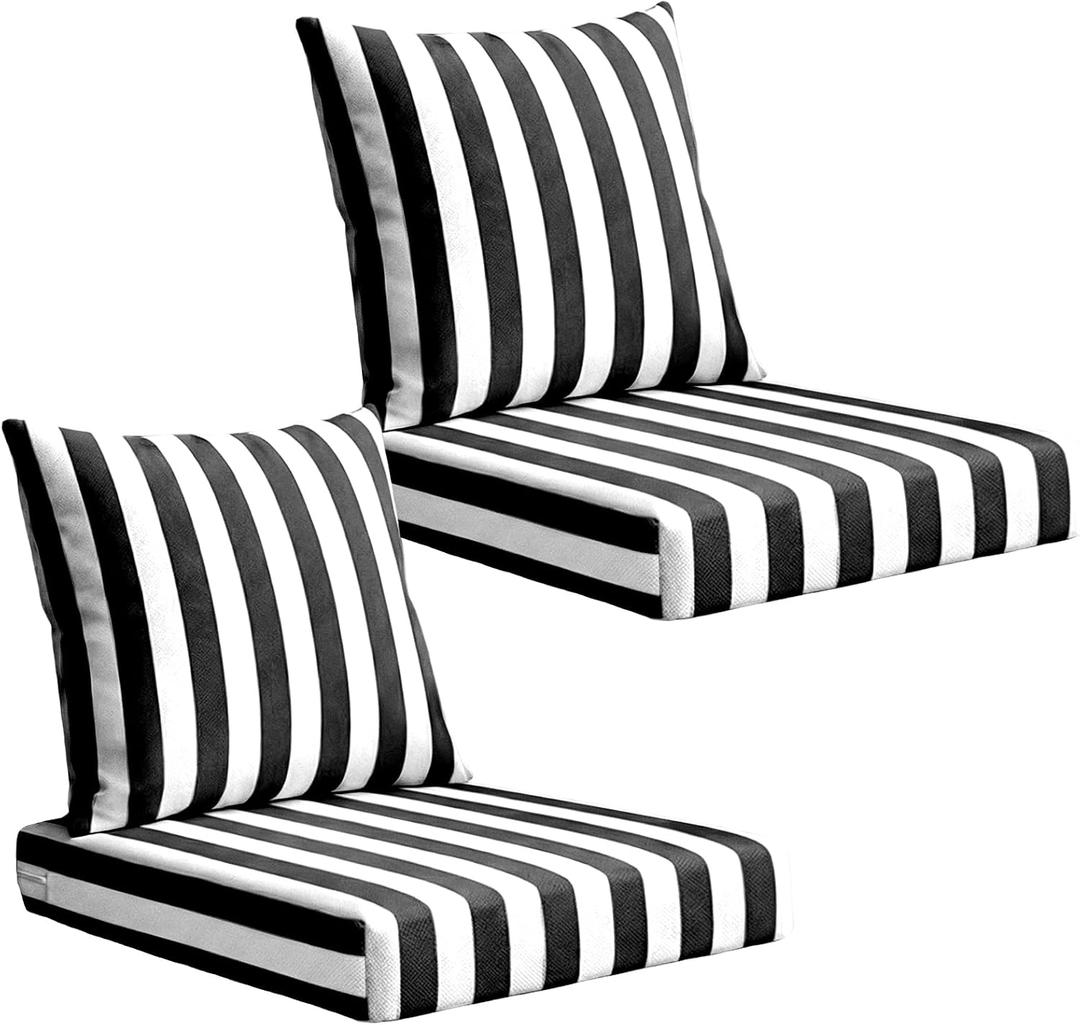 Outdoor Deep Seat Cushions Set of 2, 24x24x4 Inch Water-Repellent & Fade-Resistant Outdoor Chair Cushions, Patio Furniture Cushions with Handle for Garden Wicker Chair Sofa (Black White Stripe)