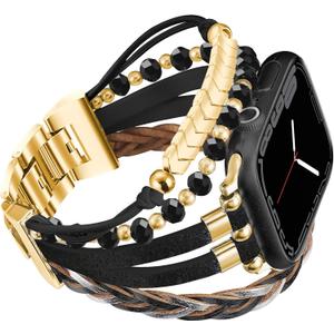 Compatible with Apple Watch Band 40mm Women, Boho Bracelet for Apple Watch Bands 41mm 38mm Series 10 9 8 7, Multi Wrap Strap Leather for iWatch Bands 6 5 4 3 2 1 SE -Black