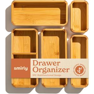 SMIRLY 5-Piece Bamboo Kitchen Drawer Organizer Set for Large and Small Utensils, Multi-use Storage Box - Bathroom, Nightstand, Jewelry, Cutlery, Knife, Spice, Towel, Junk Drawer Tray