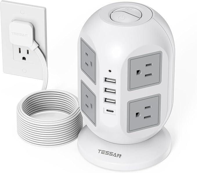 TESSAN Tower Surge Protector Power Strip 10 ft, Long Flat Extension Cord with Multiple Outlets, 8 AC Outlets with 4 USB Ports (1 USB C), Charging Station with Surge Protection, for Home Office Dorm