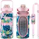 RYI Half Gallon Water Bottle with Sleeve & Strap 64 OZ Motivational Water Bottles with Straw Large Wide Mouth Water Jug with Time Marker for Fitness, Gym and Outdoor Sports, Leak-proof & BPA Free