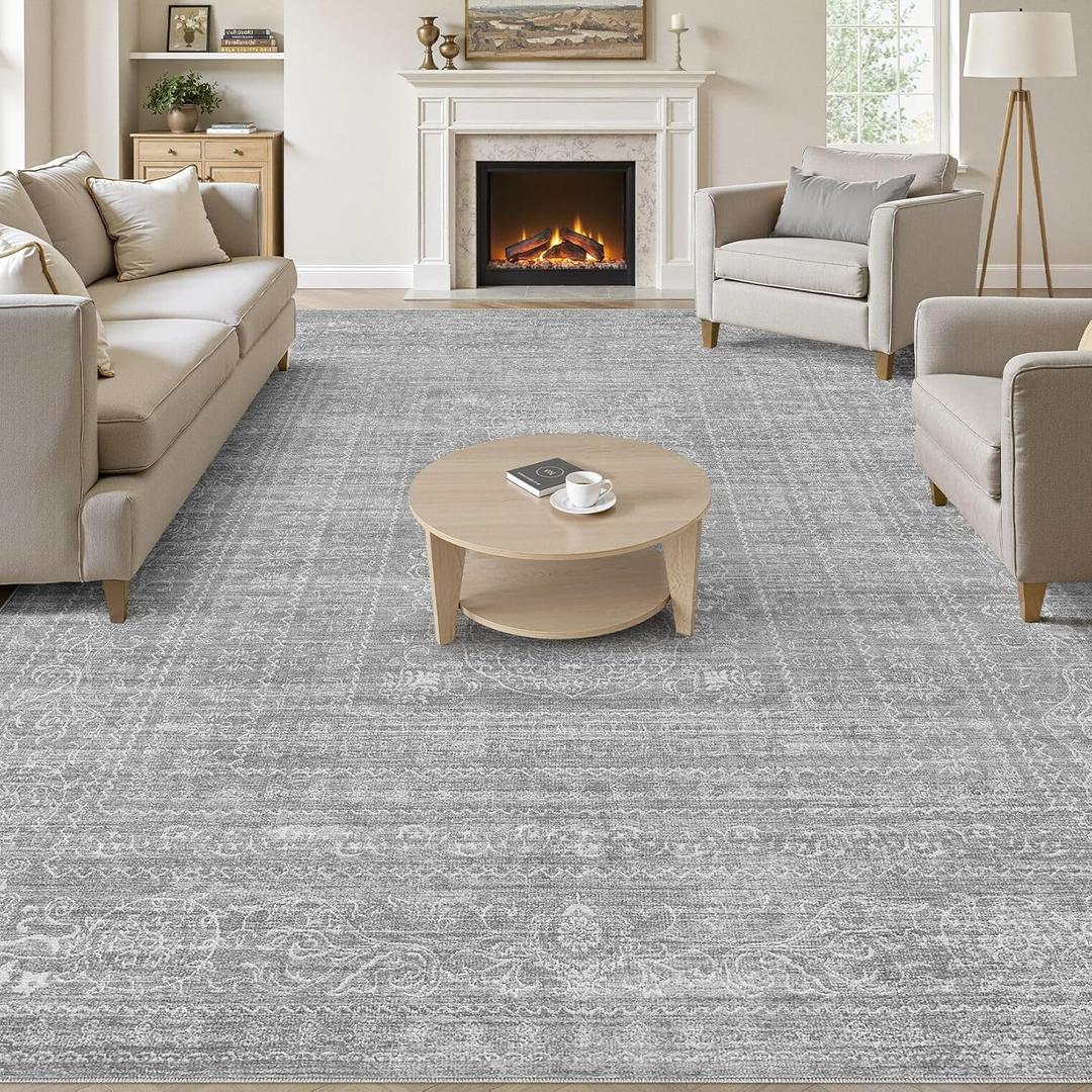6x9 Area Rugs Living Room: Washable Large Vintage Grey Rug Neutral Non-Slip Soft Stain Resistant Indoor Carpet for Bedroom Nursery Dining Room Under Table Bed Home House Office Playroom