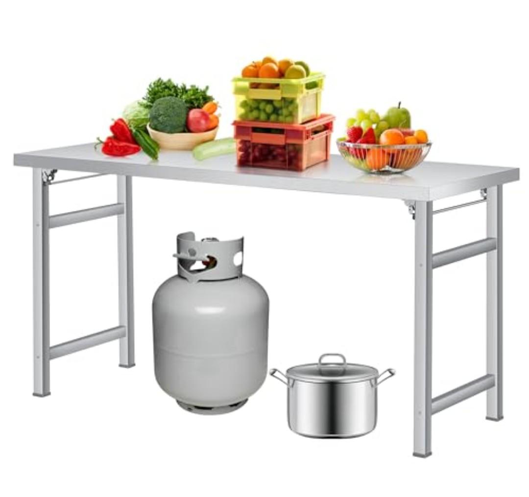 Stainless Steel Folding Table (60x24 in), 520 LBS Load, Foldable Stainless Steel Workstation, Single Tier No Undershelf, Commercial Work Table for Home, Kitchen, Restaurant, Garage, Camping, Outdoor