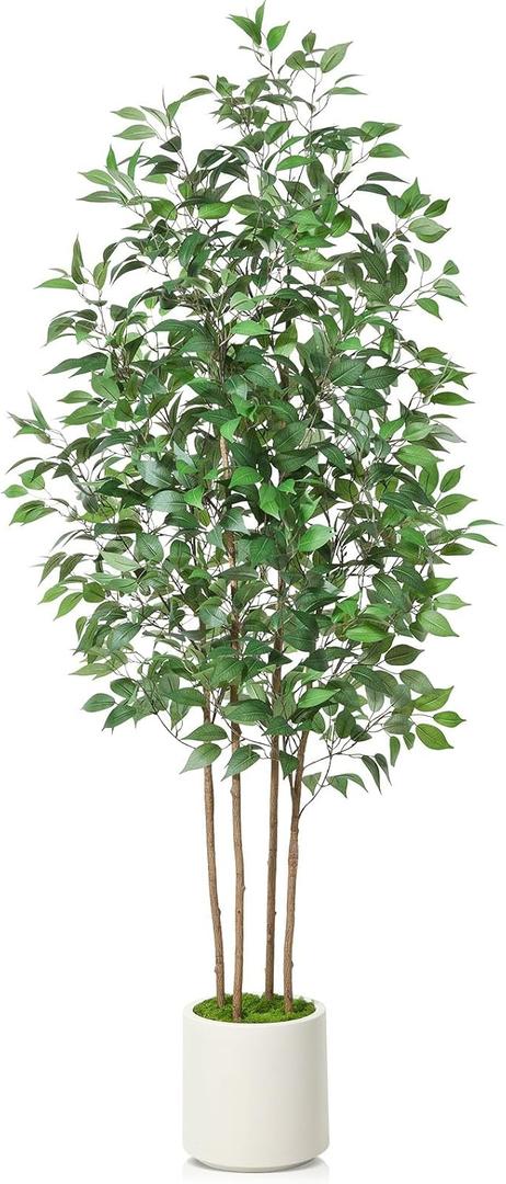 SOGUYI Ficus Artificial Tree 7ft Fake Silk Plant for Home Decor Indoor, Faux Tree in White Imitation Ceramic Planter Fake Floor Plant for Living Room and Home Office Corner Indoor Decor, Set of 1