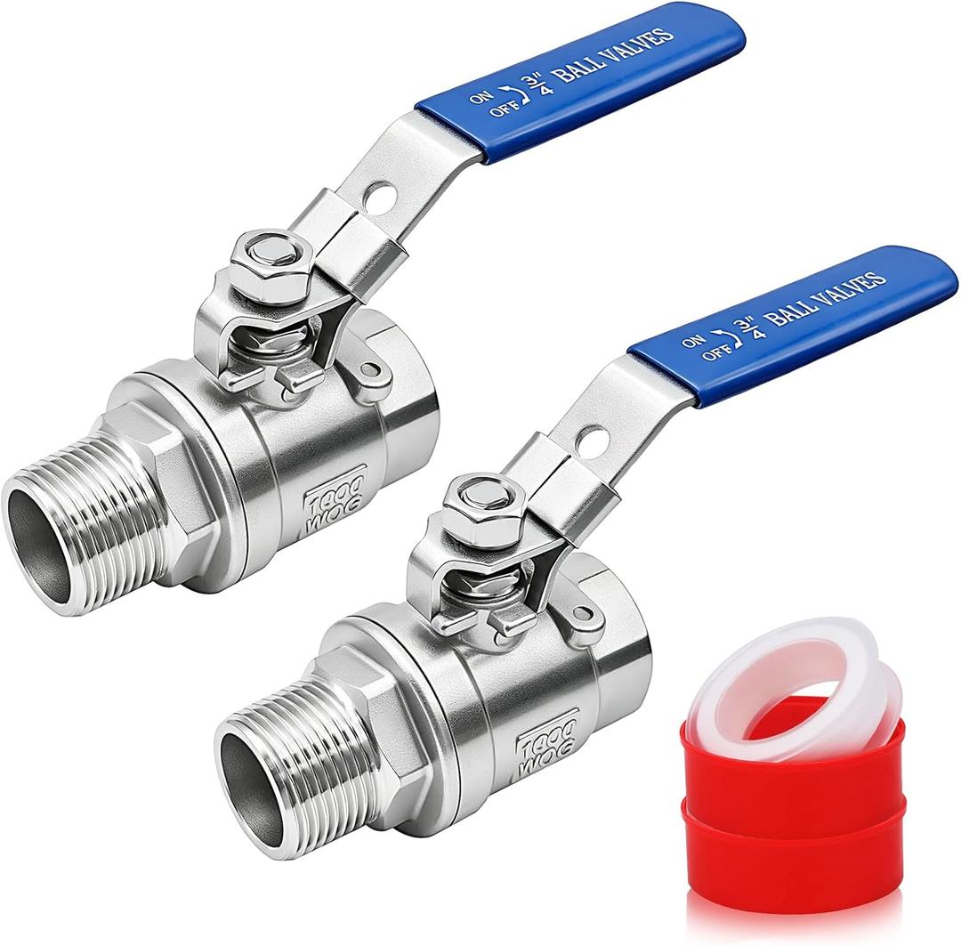 2 Pack 3/4" Ball Valve 304 Stainless Steel NPT Female x Male | Heavy Duty Full Port Shut Off Valve with Locking Vinyl Insulation Handle for Water, Oil, Gas, 2-Piece Construction, 1000WOG