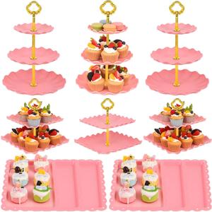 DIDROOM 12-Pack Dessert Table Display Set, 6 Cupcake Stands and 6 dessert tray, made of plastic Dessert Display Stands, Ideal for Wedding Baby Shower Tea Party, Easy to Clean and Assemble (Pink)