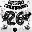 Happy 26th Birthday Decorations For Women Men, Black 26 Balloon Numbers 40 Inch, Black Happy Birthday Banner, 26th Birthday Balloons For Silver And Black Birthday Decorations