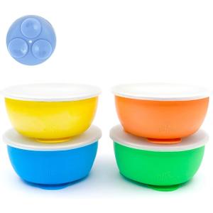 Elk and Friends Stainless Steel Bowls with Silicone Sleeve for Babies & Toddlers | Lids Included | Stay Put Suction | Cereal & Snack Bowls | 4 Pack, Width 4.7/12cm, Height 2/5cm