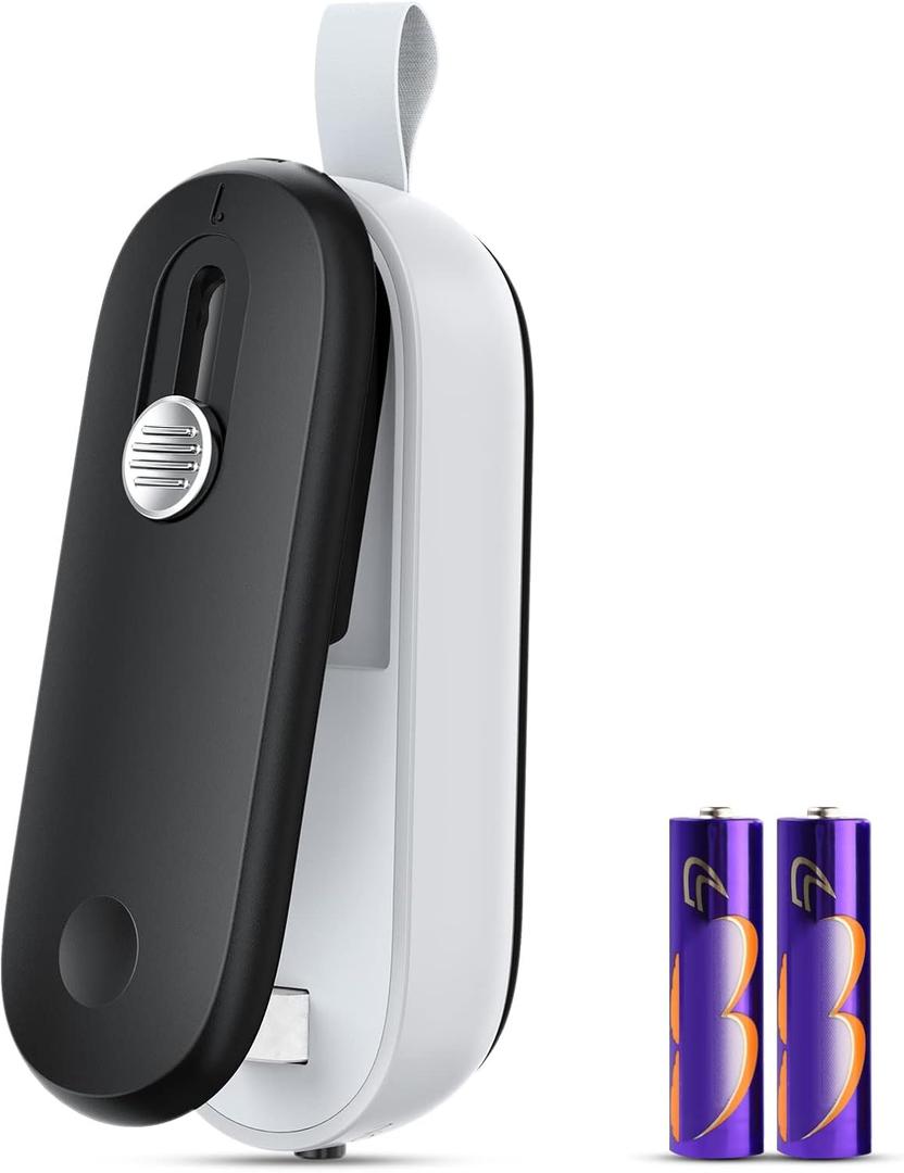 FEPPO Mini Bag Sealer, 2 in 1 Heat Sealer with Cutter, Portable Resealer Machine for Chip, Plastic Bags Food Storage Snacks (Batteries Included) (Black/White)