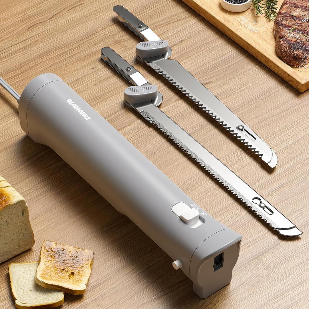 Electric Knife, Electric Bread Knife with 4 Stainless Steel Blades, Safety Lock Switch, Electric Cutting Knife for Meats, Poultry, Bread, Cheese & More (Gray)