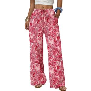 Sampeel Wide Leg Pants for Women Flowy Palazzo Drawstring Elastic Waist Trousers with Pockets Summer Beach Vacation Clothes (Pink, M)