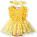 Renotemy Newborn Baby Girl Lace Romper Infant Summer Boho Flower Tulle Dress Party Gifts Newborn Photography Outfits (Yellow)