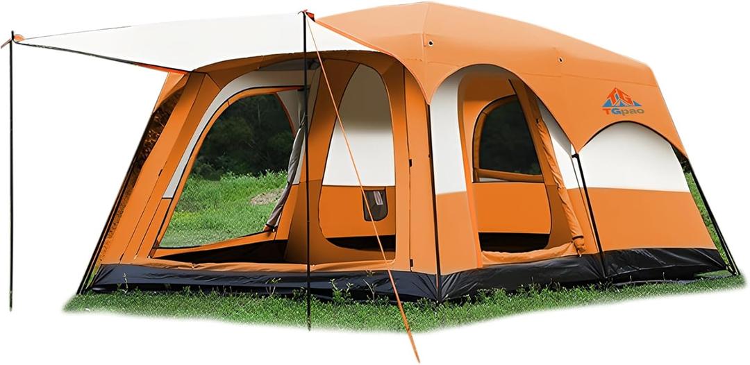 Large Family Standing Upright Camping Tent - Multi-Room Waterproof Tent with Screened Porch - Glamping Tent for Outdoor Camping & Family Vacation (Orange, 8-12 People)