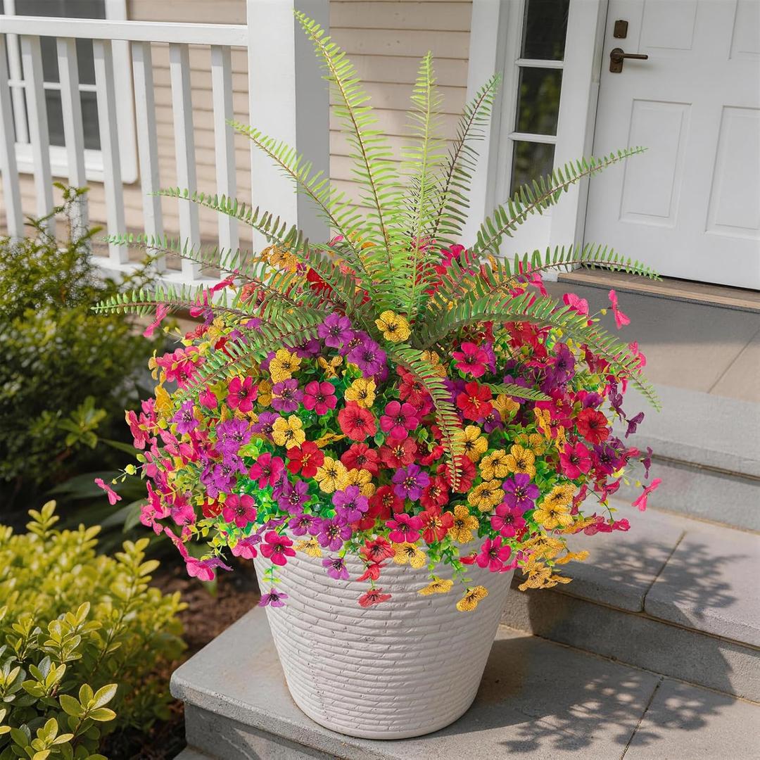 INQCMY Artificial Flowers for Outdoor 12 Pcs Faux Silk Daisy and 1 Pcs Fake Long Leaved Grass UV Resistant Tall Ferns for Home Doorway Courtyard Garden Backyard Decorative (Red Lotus Rose Red Yellow)