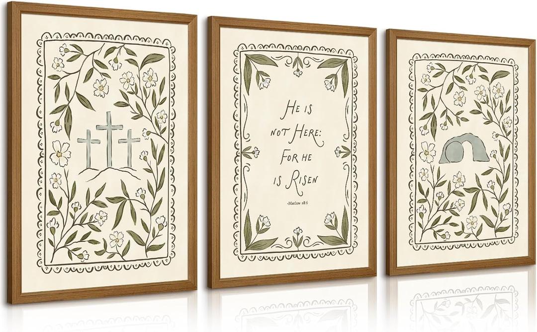 Christian Floral Wall Art Bible Verse Posters Scripture Flower Canvas Wall Decor Religious Faith Picture Christian Jesus Cross Painting Artwork for Bedroom Living Room 16x24 Inch Framed Set of 3