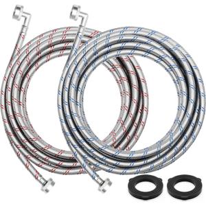 Sosation 25ft Washing Machine Hoses (2 Pack) with 90 Elbow & Straight End for Flexible Installation - Octagon Connections - Burst-proof Braided Stainless Steel Washer Supply Lines - Universal Fit