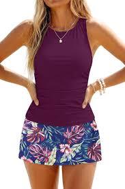 DACI Women's Purple Leaves Tankini Swimsuits with Skirt Two Piece tummy control bathing suits high neck swimwear, Small