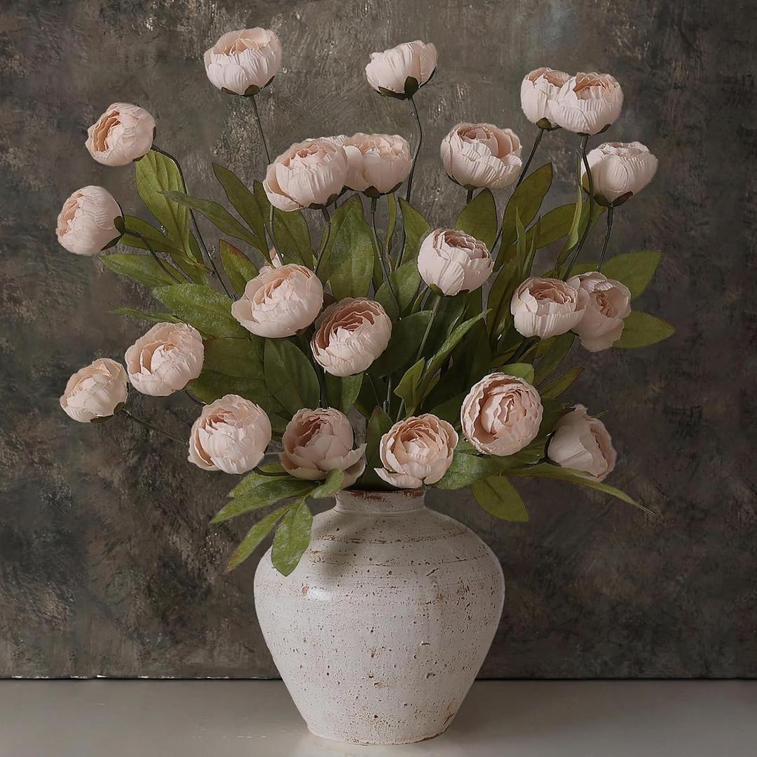 VIERENA 6 Pcs Faux Silk Peony Artificial Flowers for Vase -27", Bulk Fake Peonies Branches with Stems for DIY Bouquet Centerpieces Wedding Fillers Arrangements Shower Decorations (Beige)