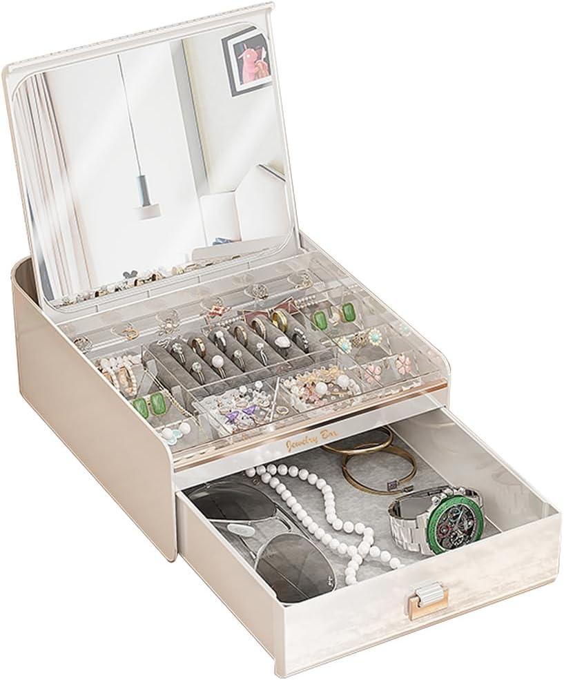 Jewelry Box with Mirror, Flip-Linked Jewelry Display Storage Box, 2 Tier Jewelry Organizer with Velvet Lining for Earring Necklace Bracelet, Ideal Gift for Girls, Wife, Daughter